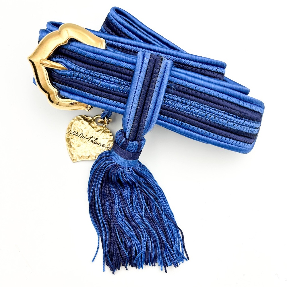 Yves Saint Laurent 1980s Blue Passementerie Tassel Belt 37in Vintage Couture YSL